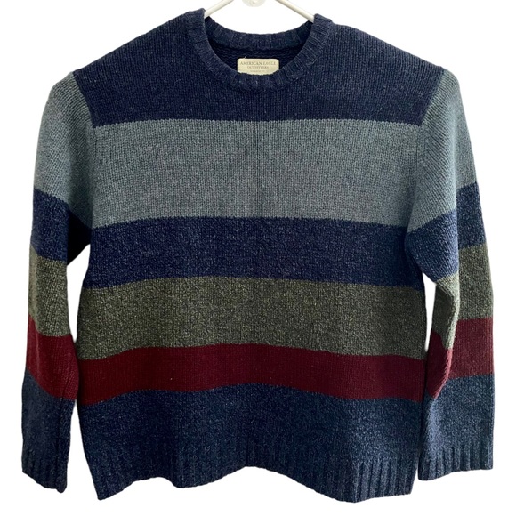 Y2K American Eagle Thick Striped 100% Lambswool Sweater Size Large - Picture 8 of 8